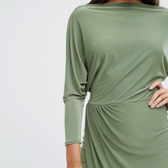 Club L Slashed Neck Midi Wrap Dress in Olive Green - Picture 3 of 8